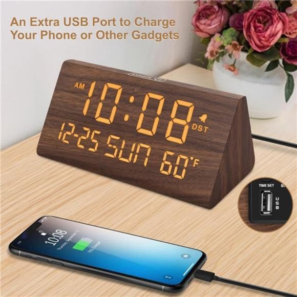 Digital Alarm Clocks for Bedrooms - Wooden Electric Clock with USB Ports, Date - Picture 3 of 6